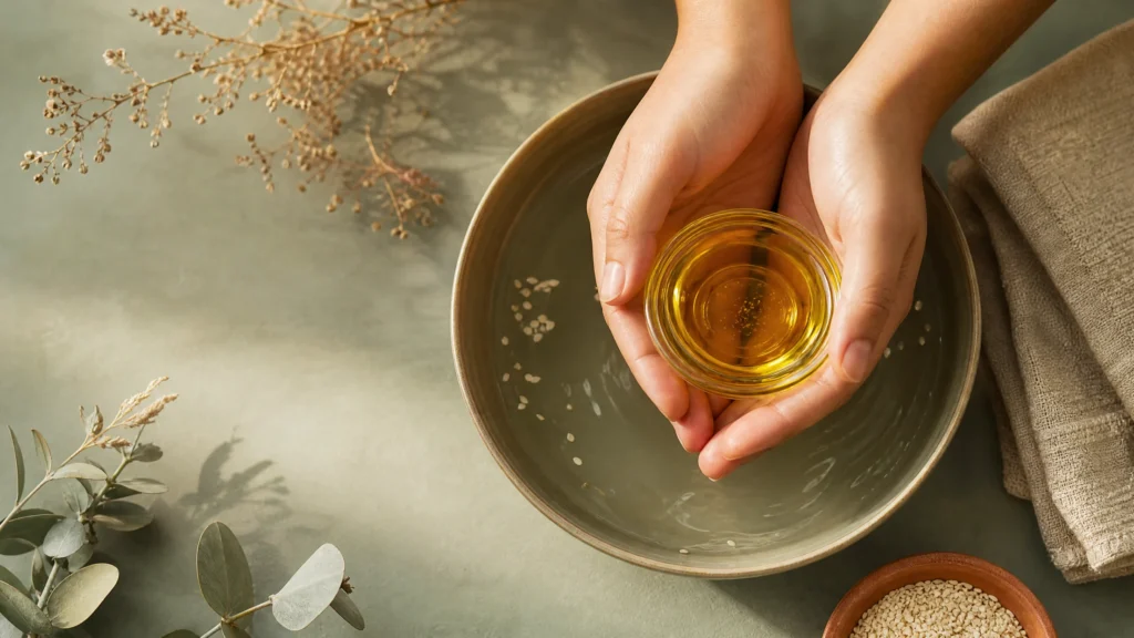 Hands warming sesame oil above a linen towel and a small bowl, representing a gentle self-massage routine.