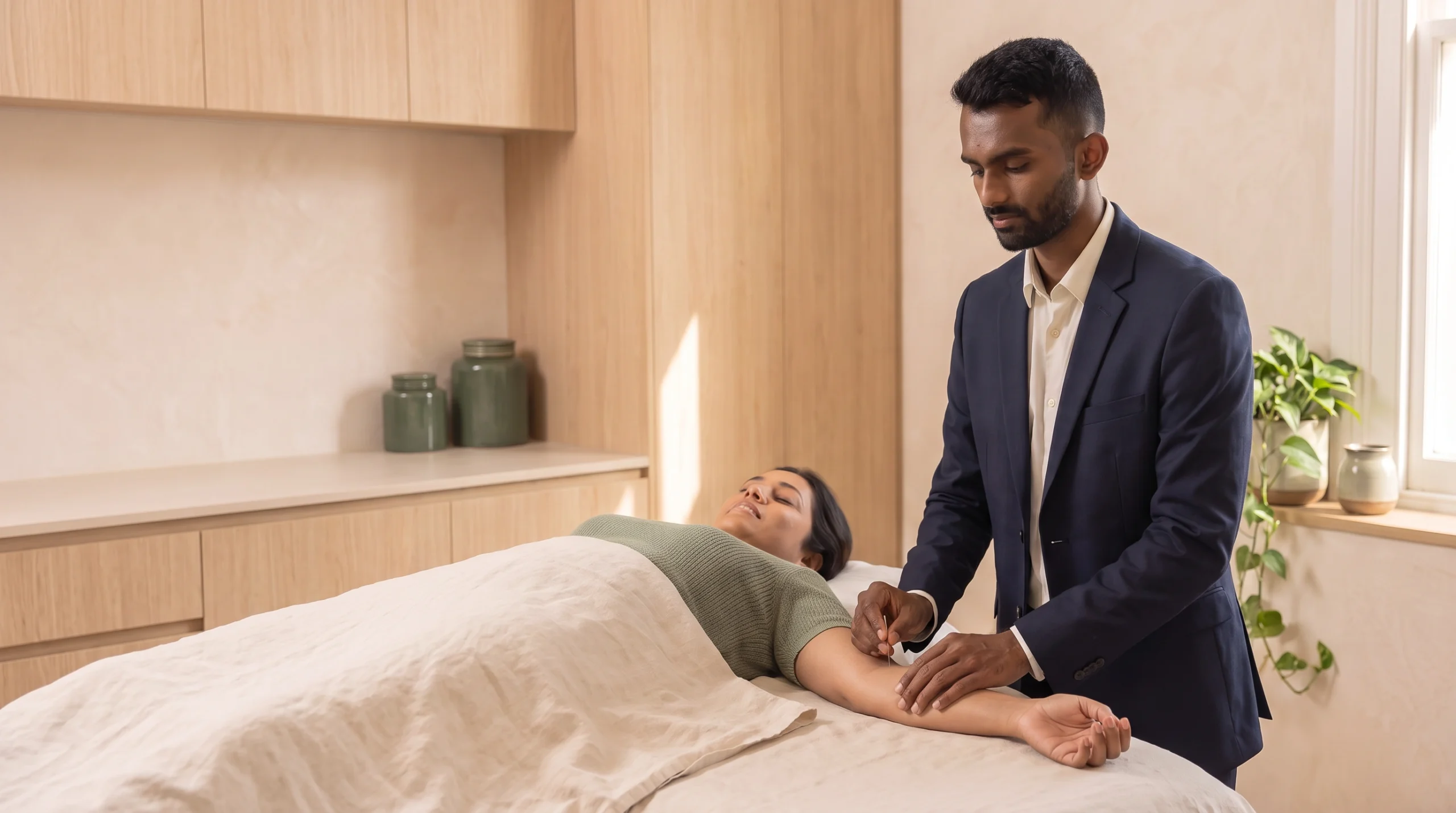 Ahil providing a gentle acupuncture treatment to a patient resting on a clinic table