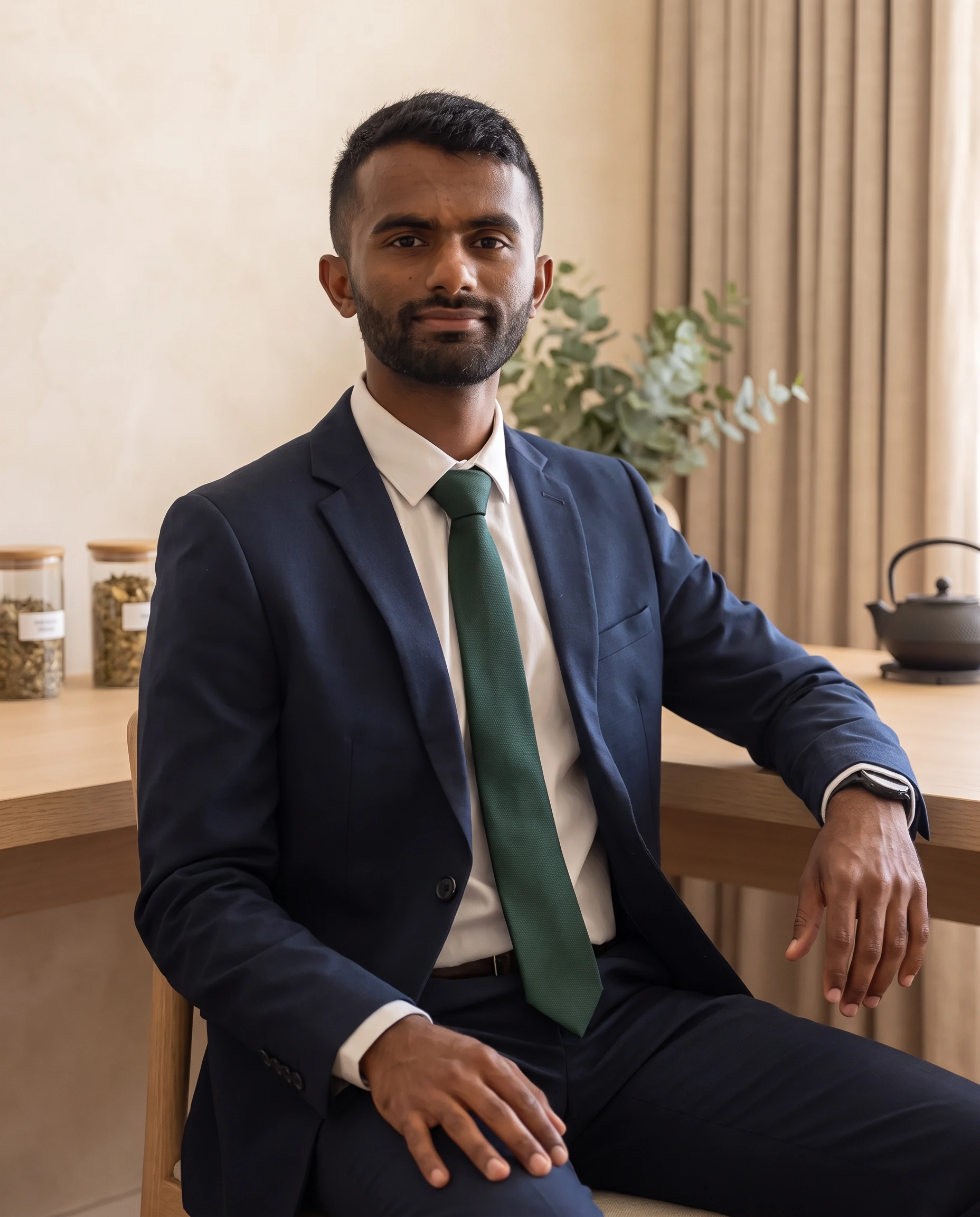 Ahil in a navy suit and green tie seated in a warm Traditional Chinese Medicine consulting room