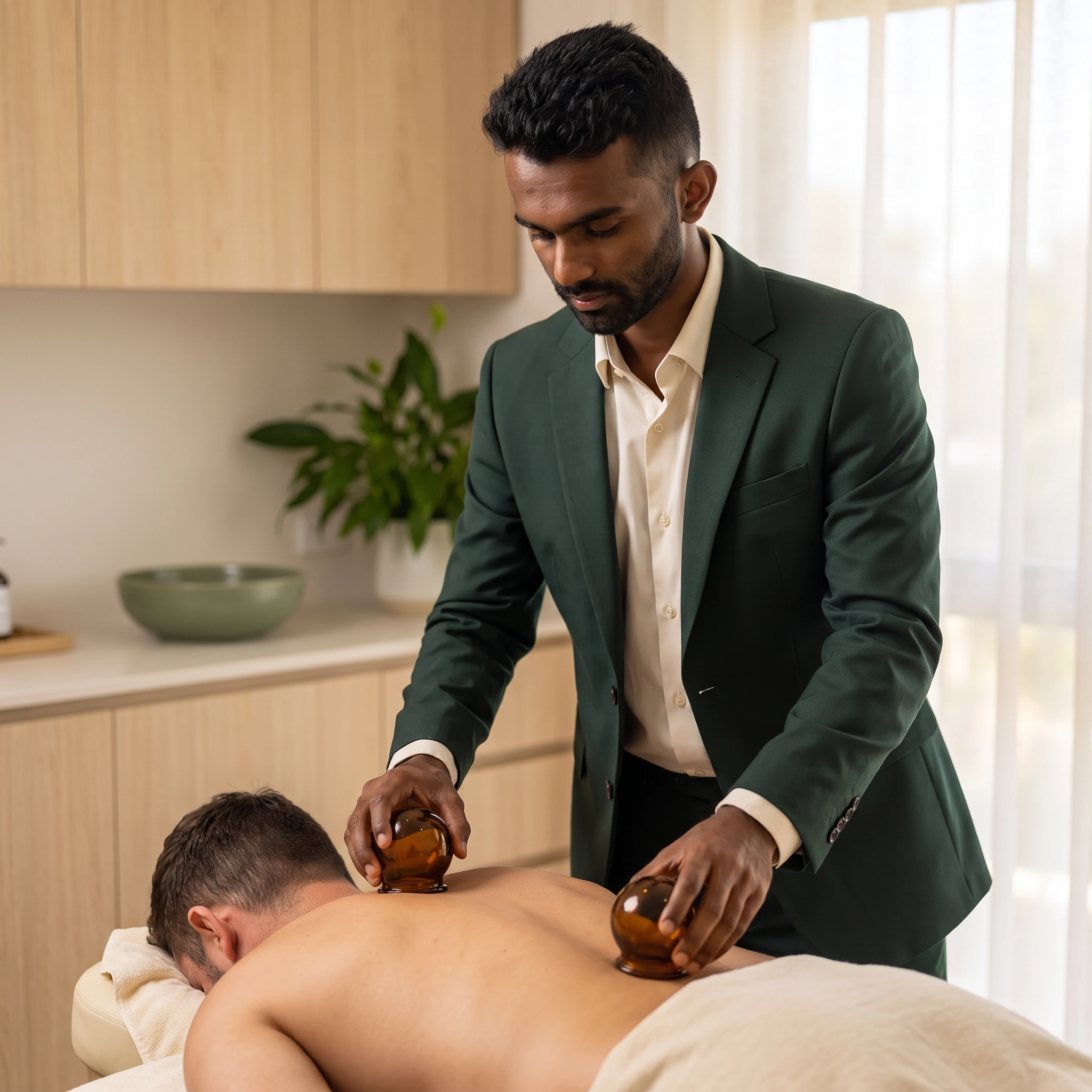 Ahil providing dry cupping treatment to a patient in a Traditional Chinese Medicine clinic