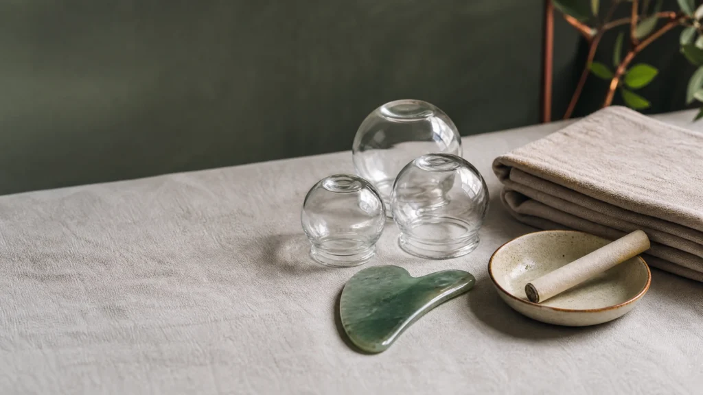 Three traditional therapy tools thoughtfully arranged on a clean treatment table.