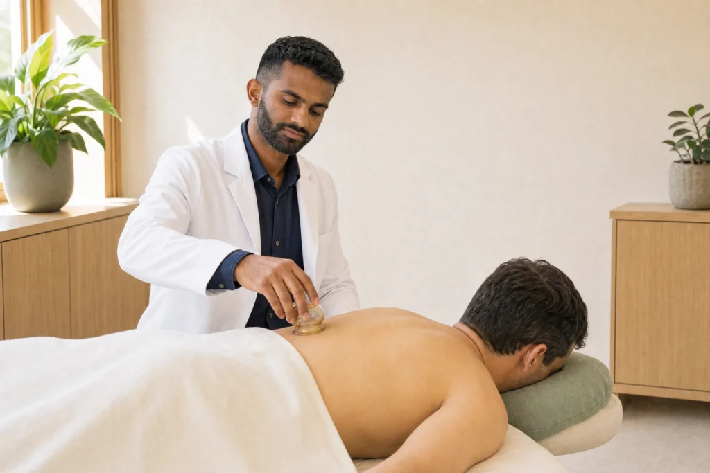 Ahil performing a gentle cupping technique on a patient’s upper shoulder in a treatment room.