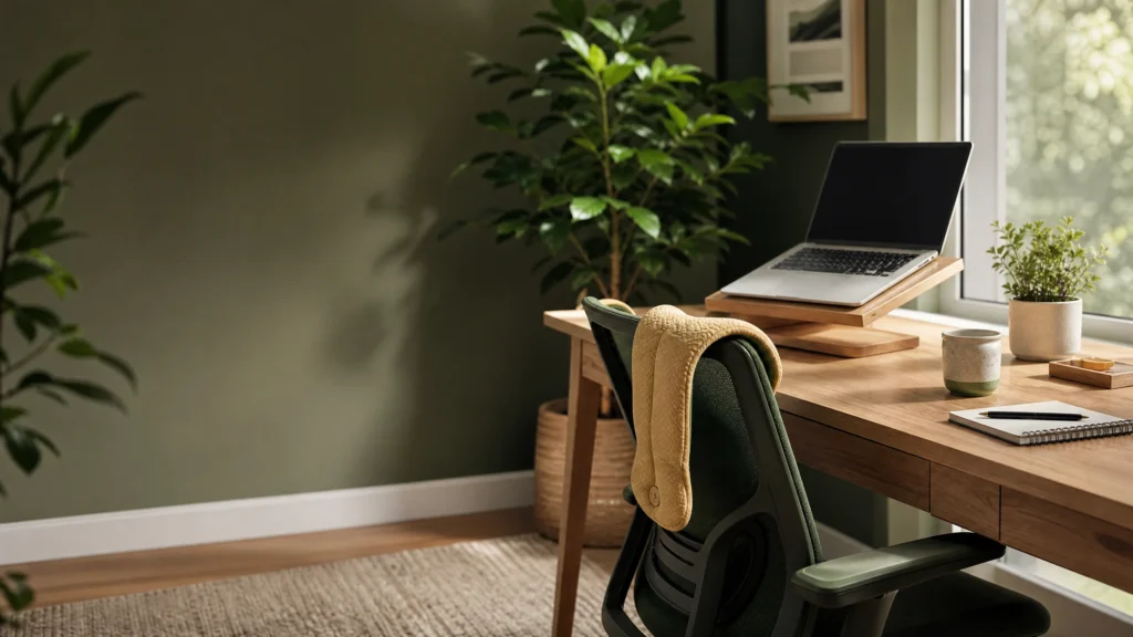 A calm workspace with a raised laptop, ergonomic posture cues and a warm neck wrap.