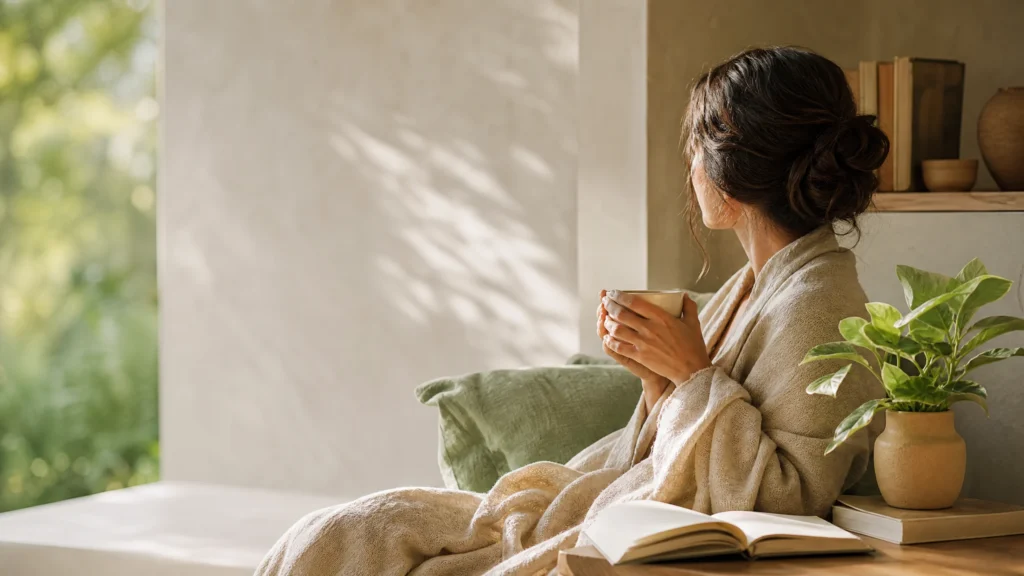 A person resting beside a sunlit window with tea and a journal, representing restorative energy management.
