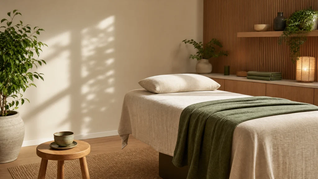 A calm and welcoming treatment room prepared for an acupuncture appointment.