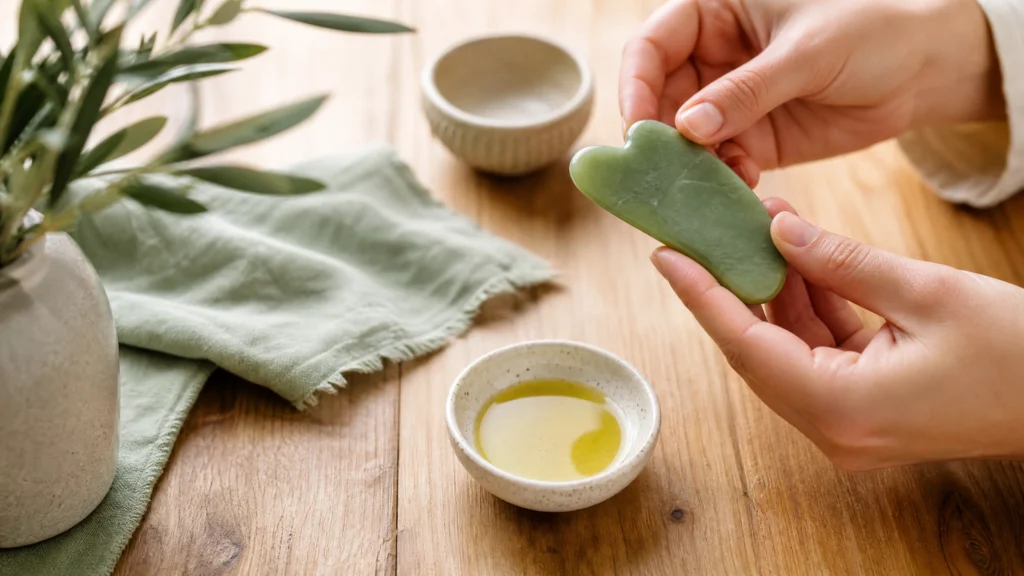 Hands holding a smooth gua sha tool and oil beside a towel, ready for a calm at-home ritual.