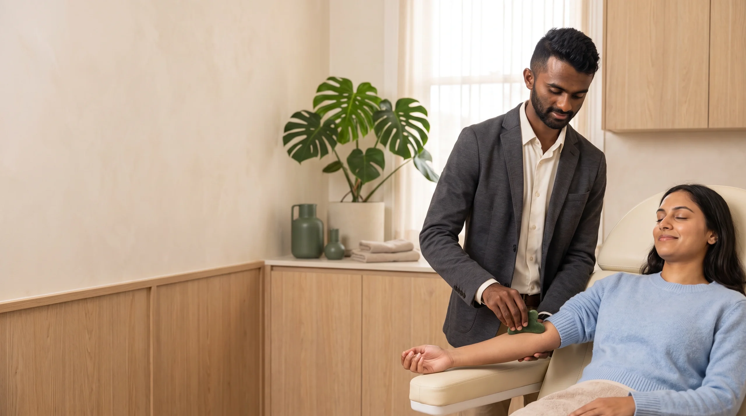 Ahil Ganesan performing a gua sha treatment on a patient in the clinic treatment room