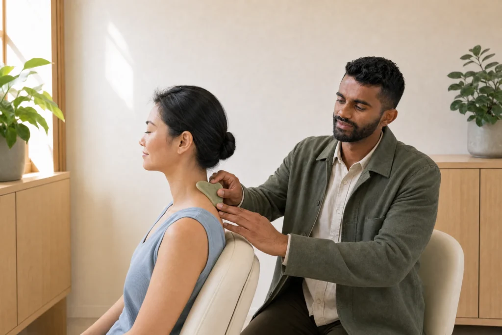 Ahil using a smooth Gua Sha tool along a seated patient’s neck and upper shoulder.