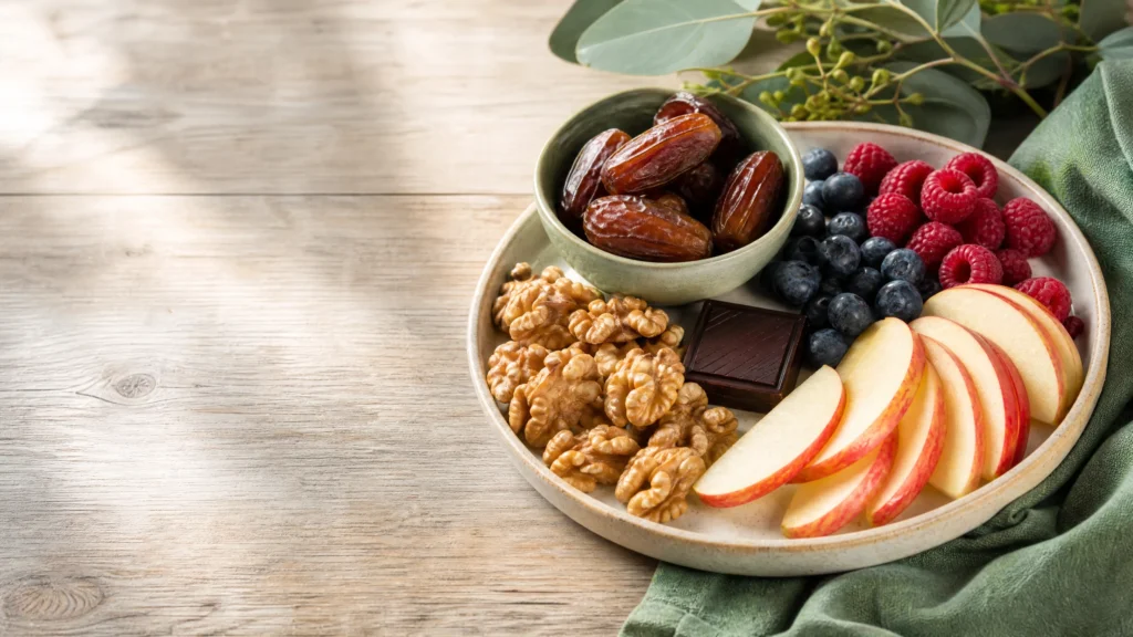 A colourful whole-food snack tray with fruit, dates and nuts in a bright home kitchen.