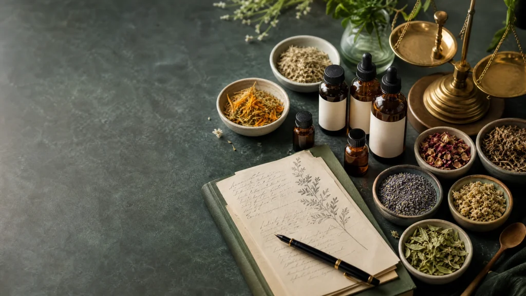 A practitioner-style apothecary scene with botanical herbs, labelled glass jars without readable text and a handwritten consultation note.