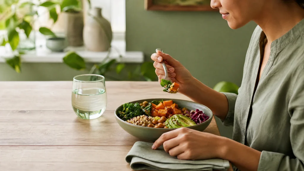 A relaxed meal setting with a person enjoying a colourful whole-food lunch slowly and attentively.