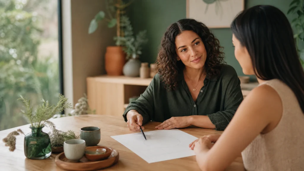 A welcoming consultation table with a practitioner and patient reviewing a personalised wellness plan.