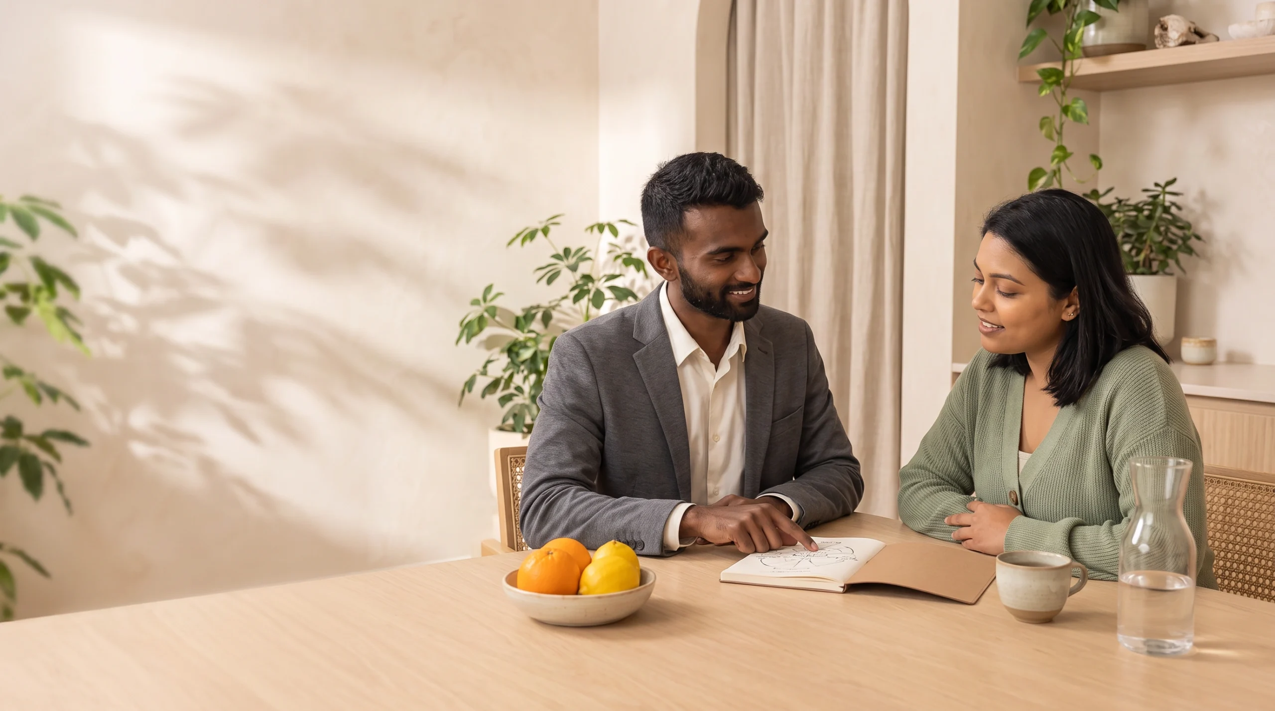 Ahil Ganesan discussing nutrition with a patient across a consultation table in the clinic