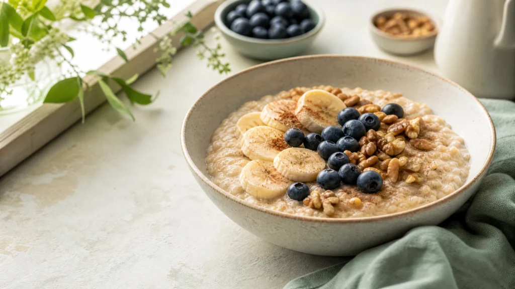 A bowl of creamy oats porridge topped with fruit, nuts and cinnamon on a sunlit breakfast table.
