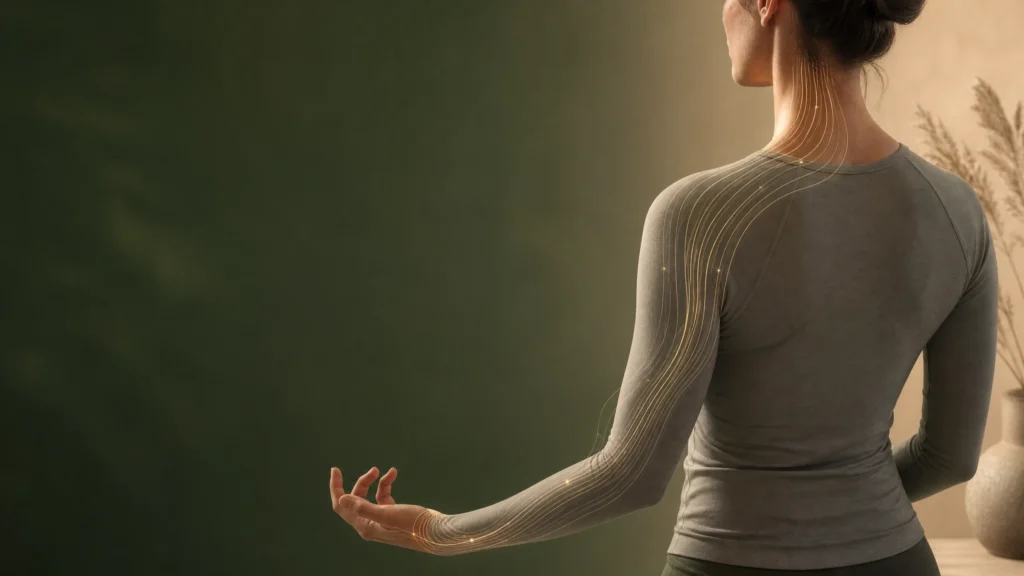 A calm studio image of a shoulder and arm with subtle flowing lines showing connection from neck to wrist.