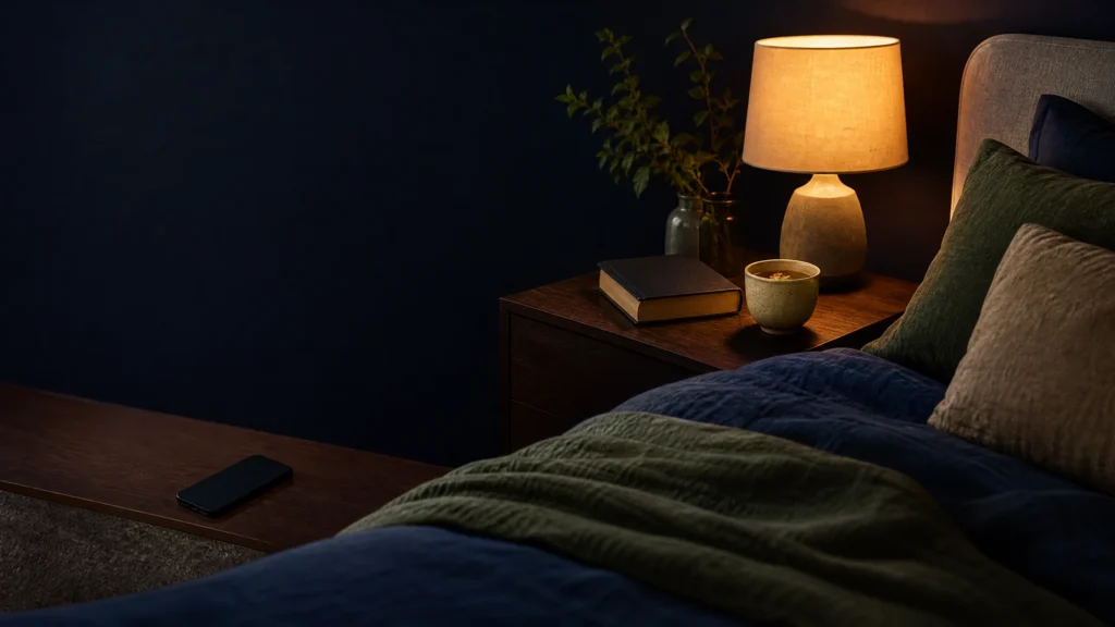 A serene evening bedside scene with warm lamp light, a book, tea and soft linens.