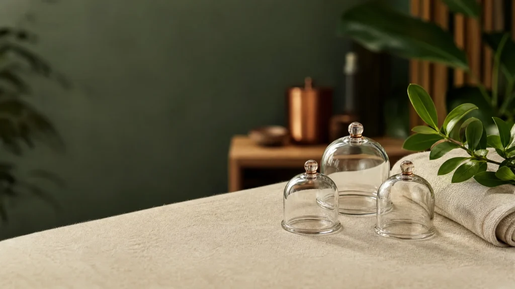 Transparent glass cups resting on a treatment table, representing a calm cupping therapy session.