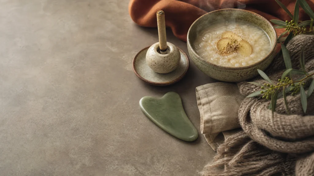 Flat lay of a gua sha tool, a moxa stick and a bowl of warming soup on a warm winter table.