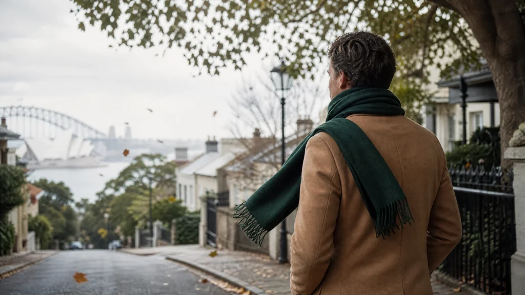 A person in a soft scarf walking through a gentle winter breeze, with the back of the neck protected.