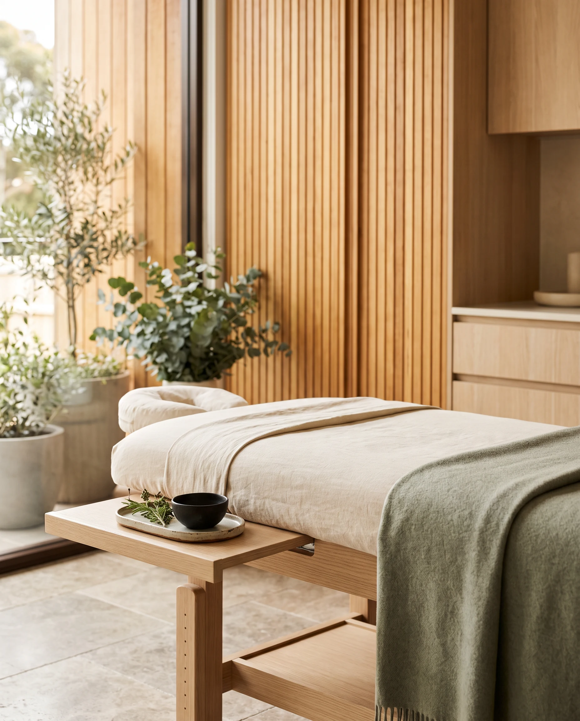A prepared treatment table with cream linen and a sage blanket in a warm, modern clinic room.