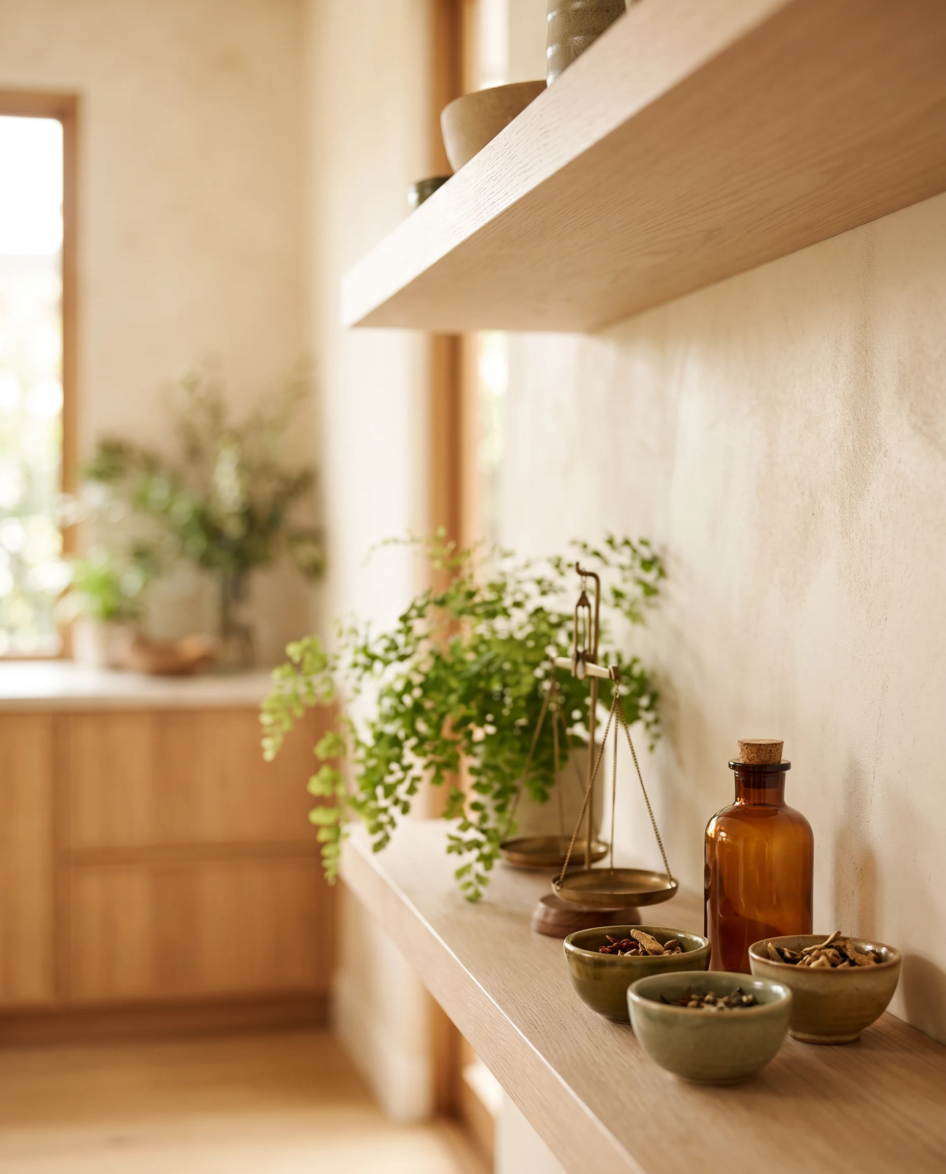 Dried herbal botanicals, ceramic bowls, a brass scale and an amber bottle in a warm clinic dispensary.
