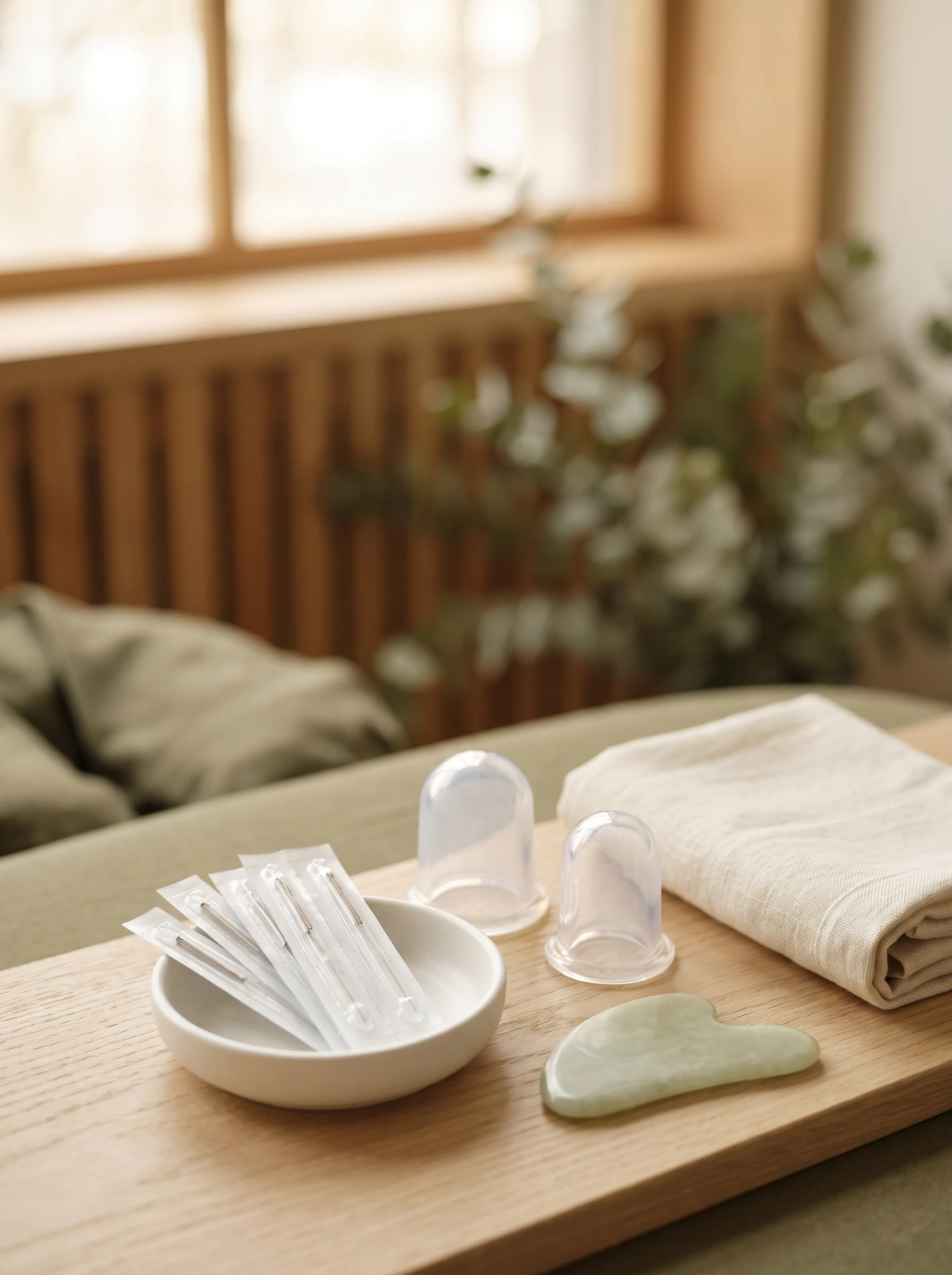 Sterile acupuncture needles, silicone cups, a jade gua sha tool and linen arranged on a treatment tray.