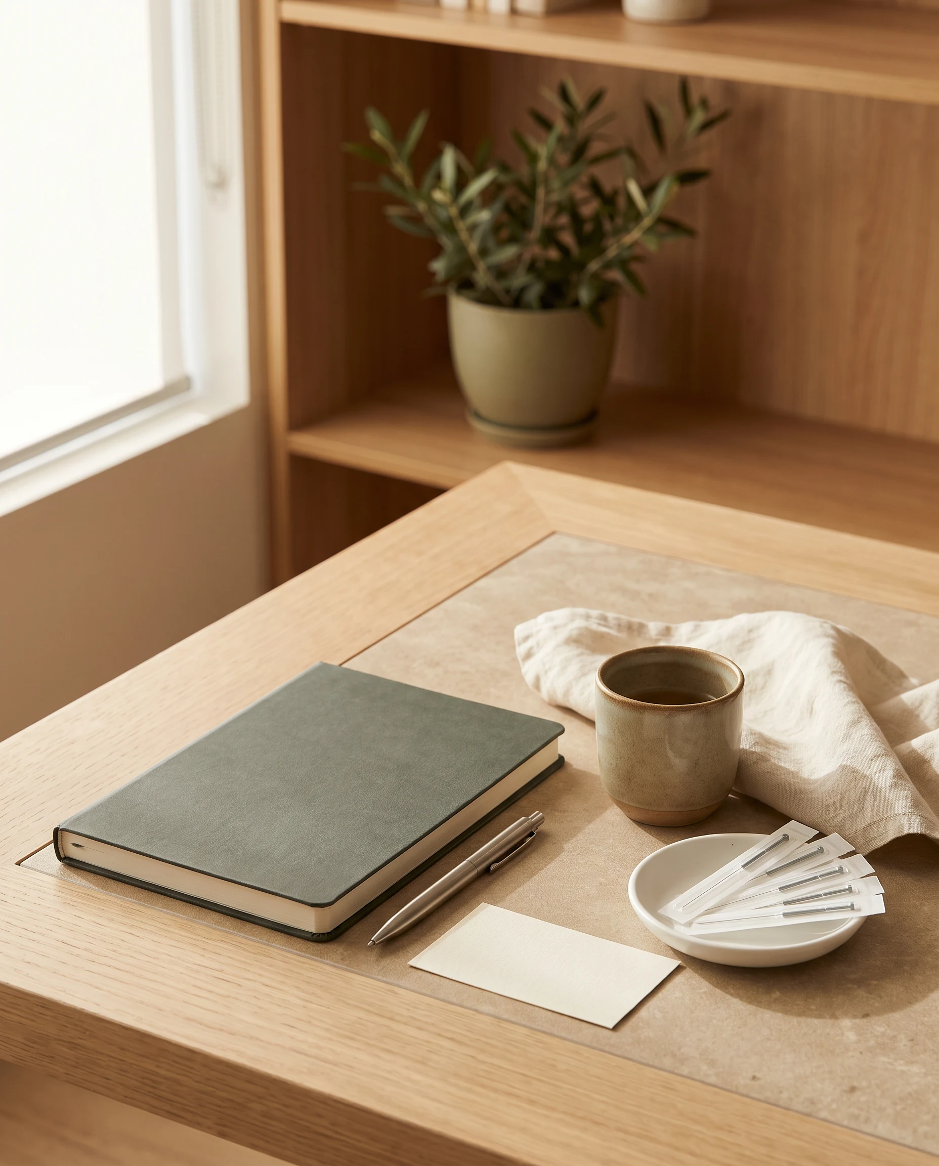 A clinic consultation desk with a blank notebook, cup and safely contained sterile acupuncture needles.