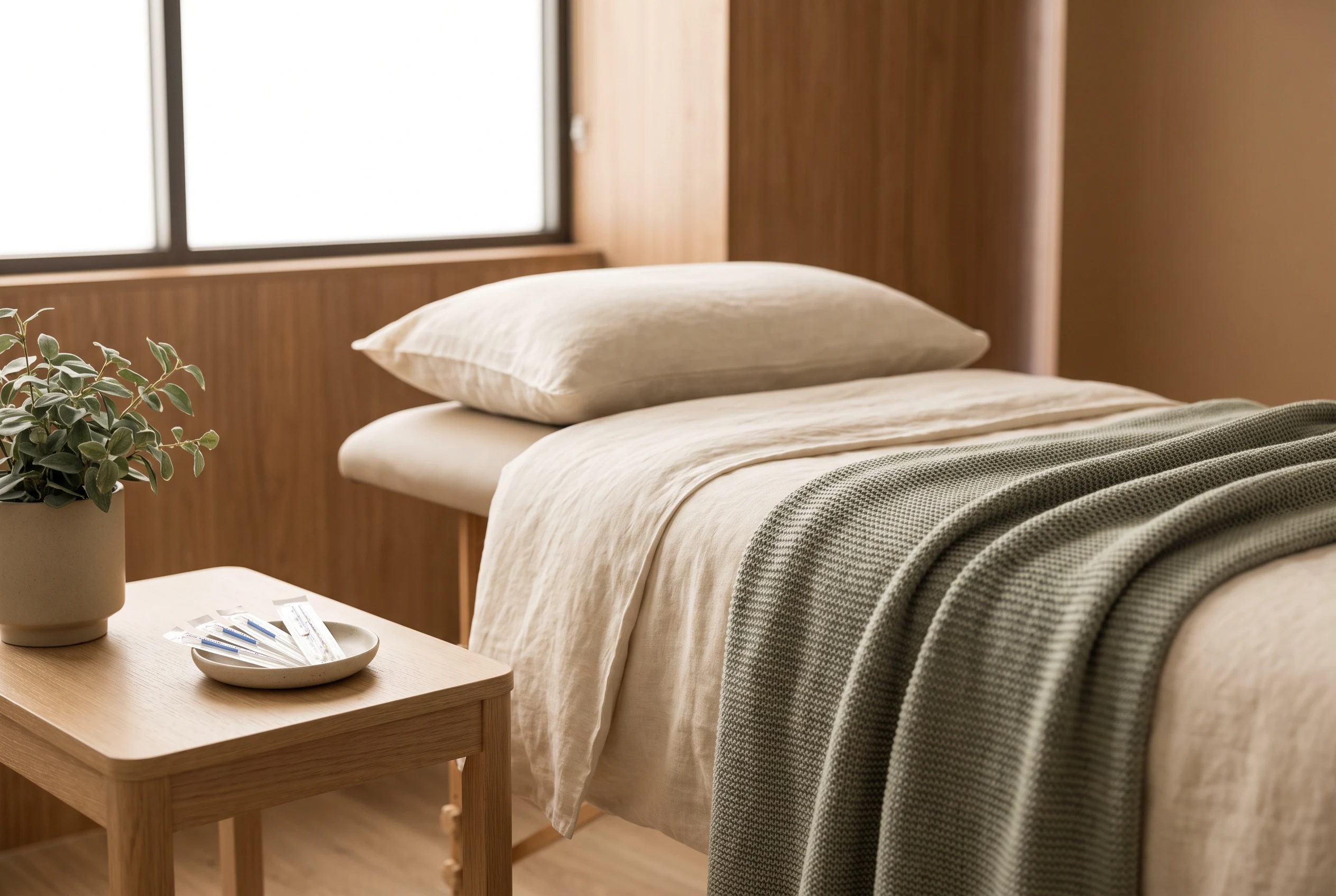 An empty acupuncture treatment bed prepared with cream linen, a sage blanket and sterile needles on a side table.