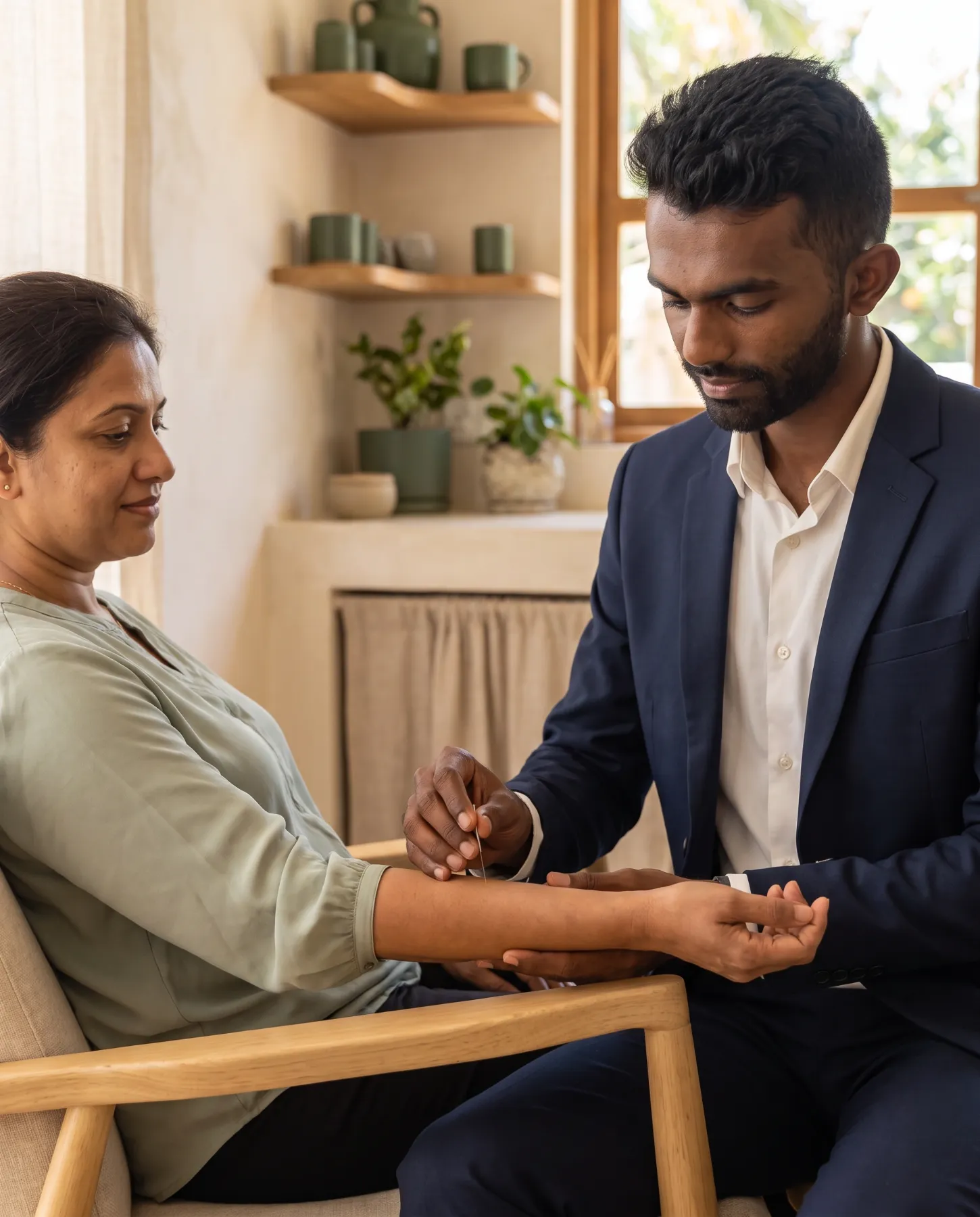 Ahil providing a gentle acupuncture treatment to a seated patient in a calm clinic