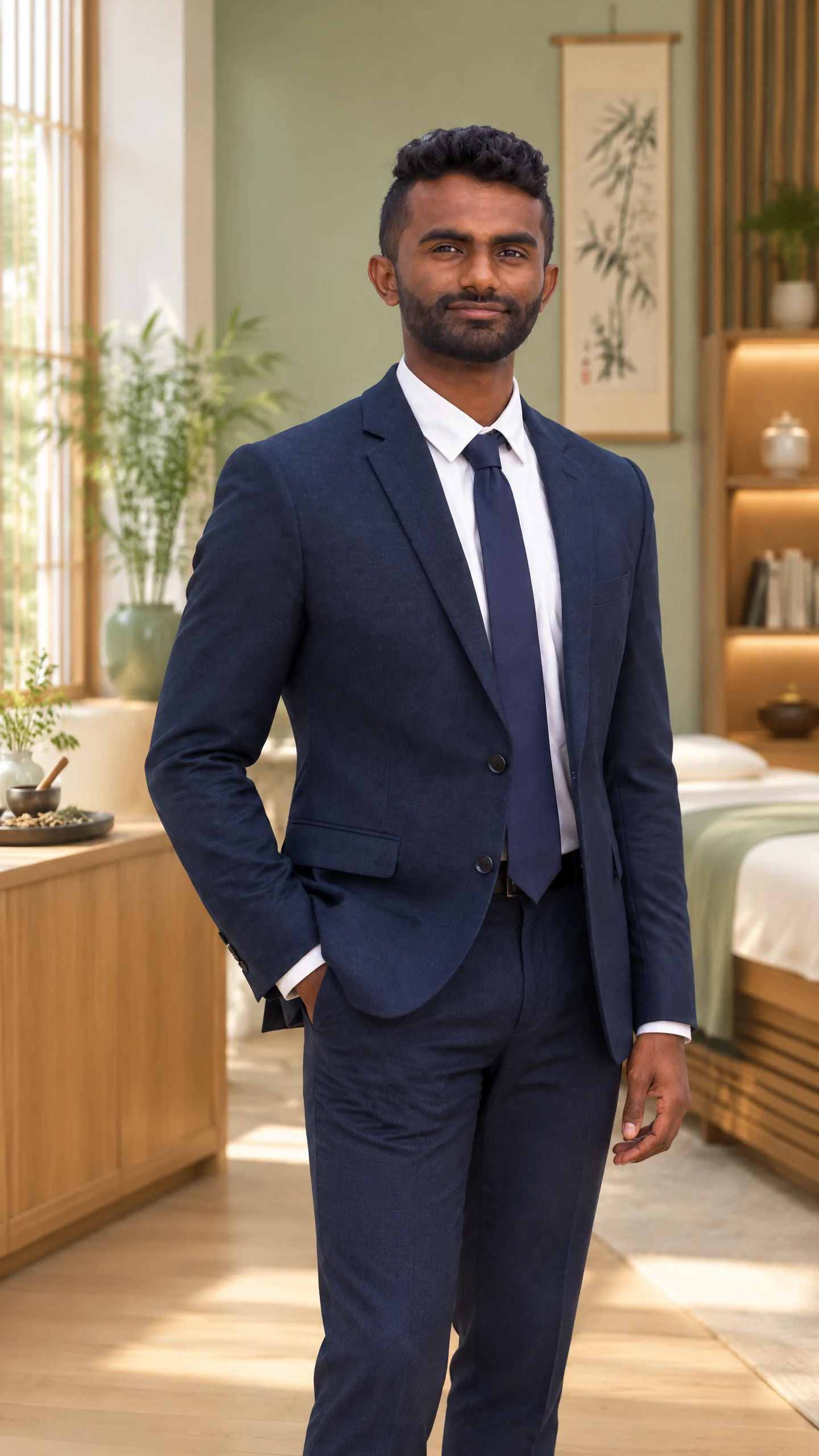 Ahil Ganesan, acupuncturist and naturopath in Alexandria, wearing a navy suit in a calm modern clinic