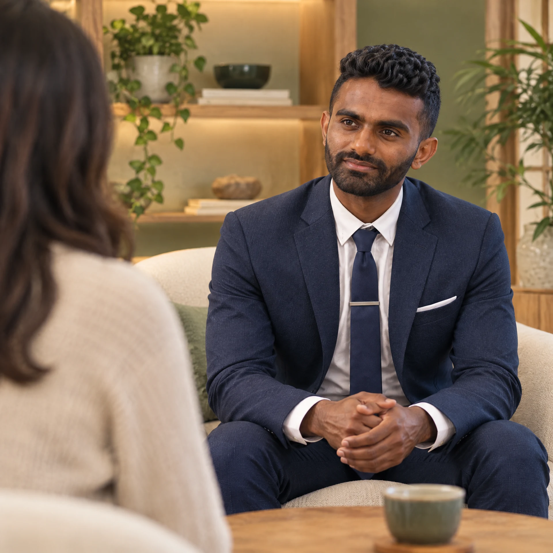Ahil Ganesan, acupuncturist and naturopath in Alexandria, listening to a patient during a personal clinic consultation