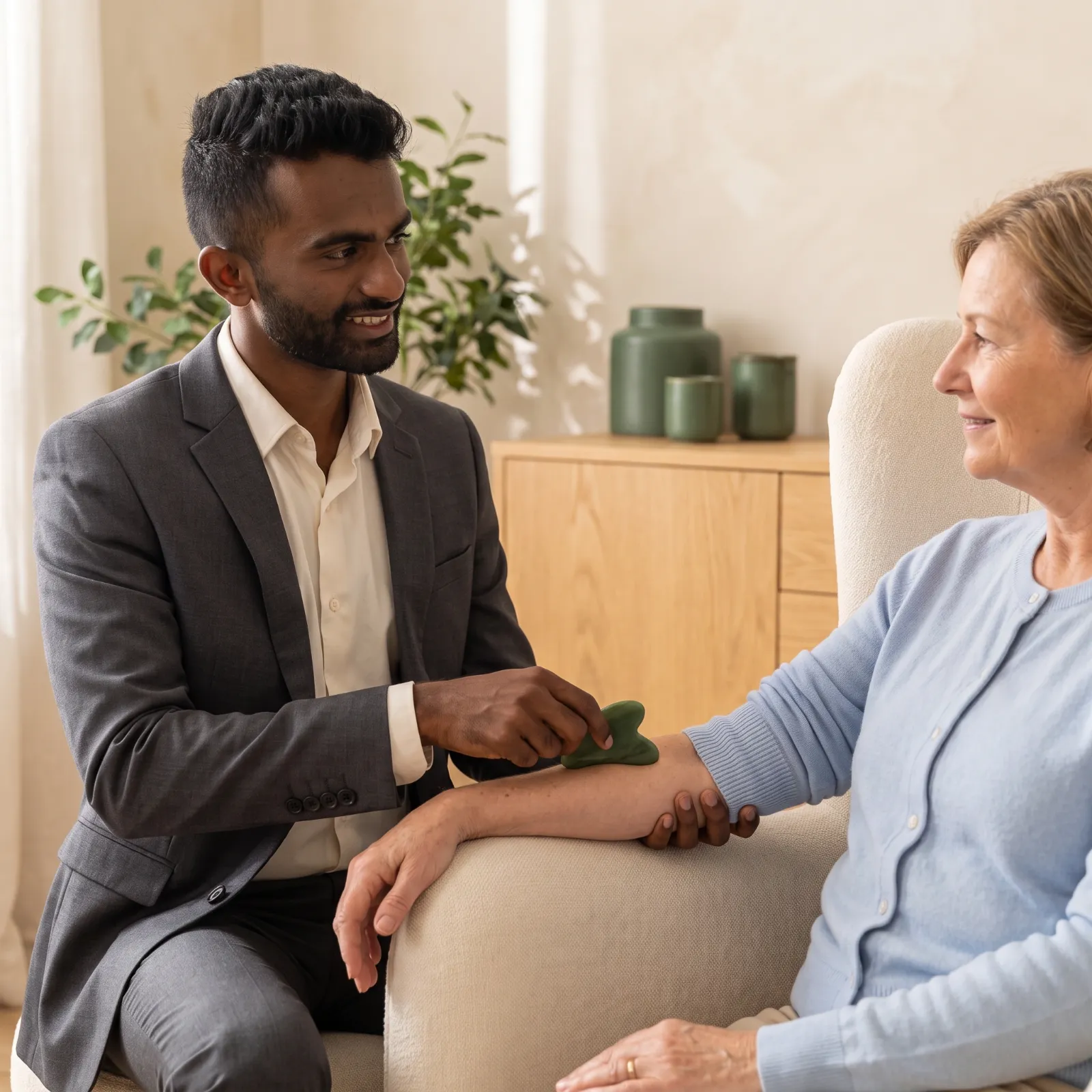 Ahil providing gentle gua sha treatment to a patient’s forearm in a wellness clinic