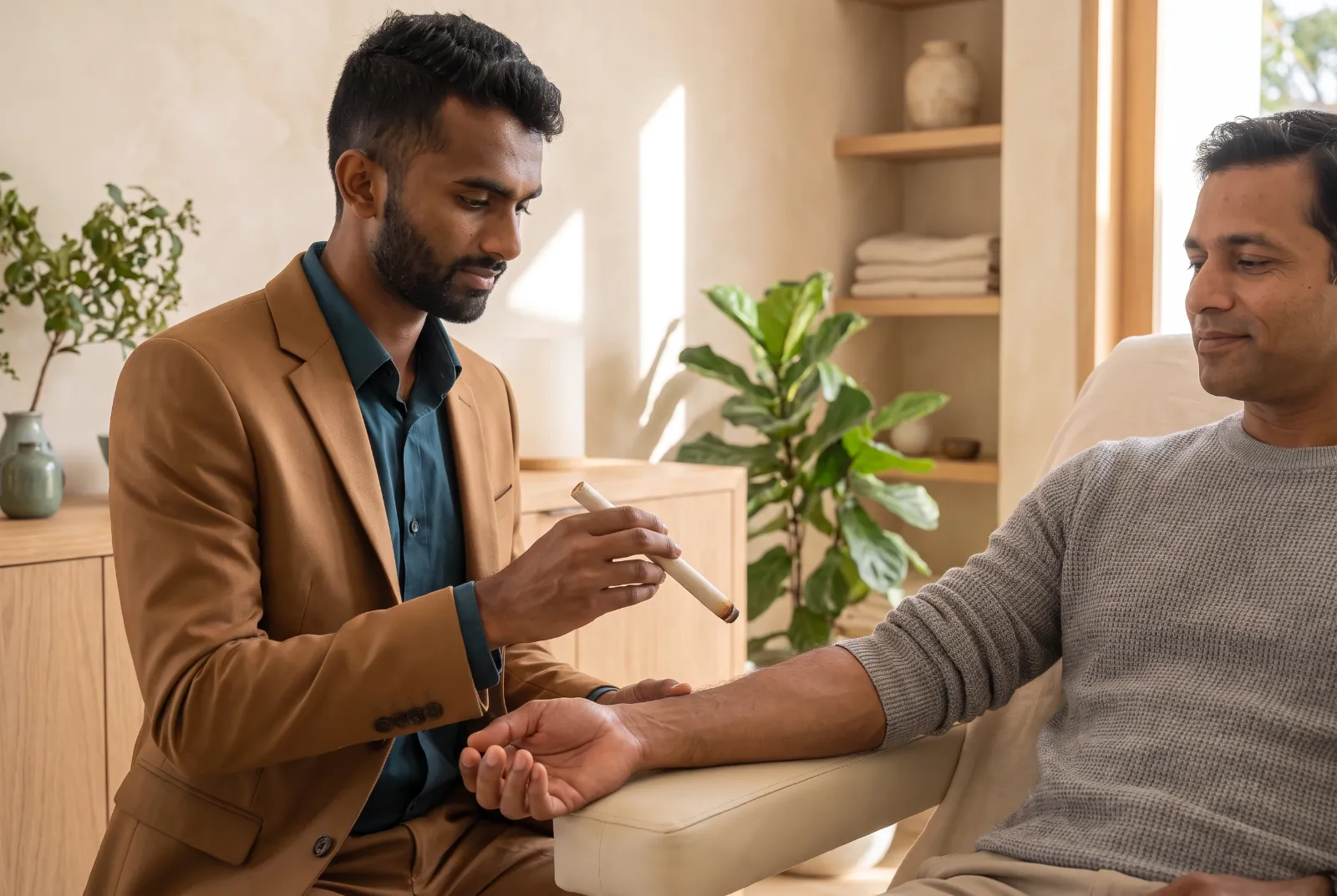 Ahil providing moxibustion heat therapy to a patient’s forearm in a clinic