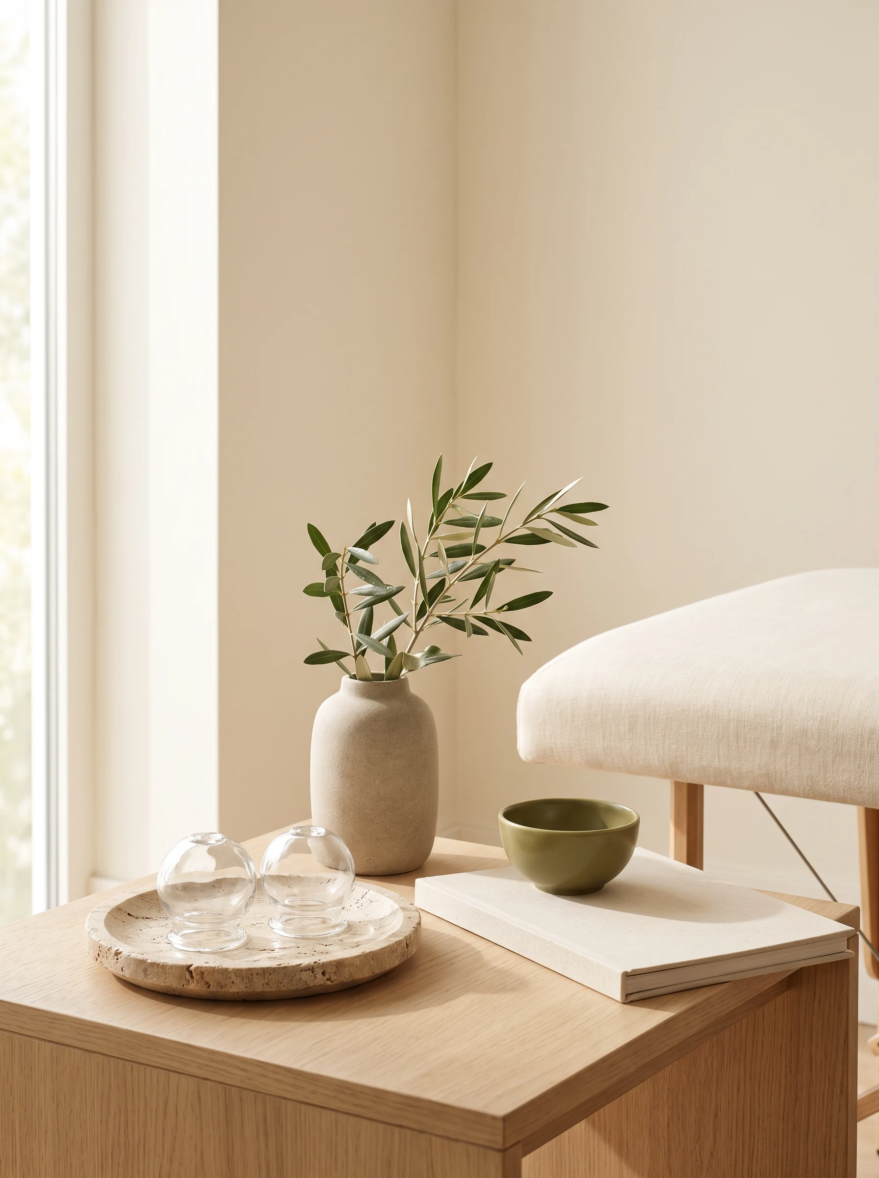 Glass cupping cups and calm treatment materials in a prepared clinic setting