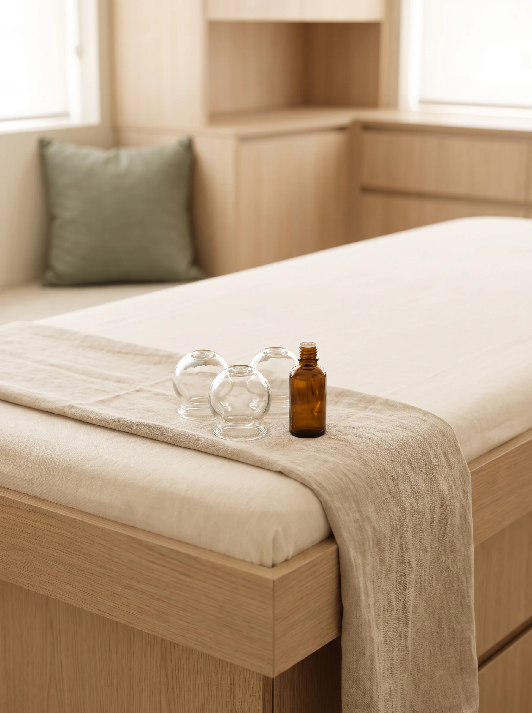 Clean glass cupping cups and oil bottle on a prepared linen treatment bed