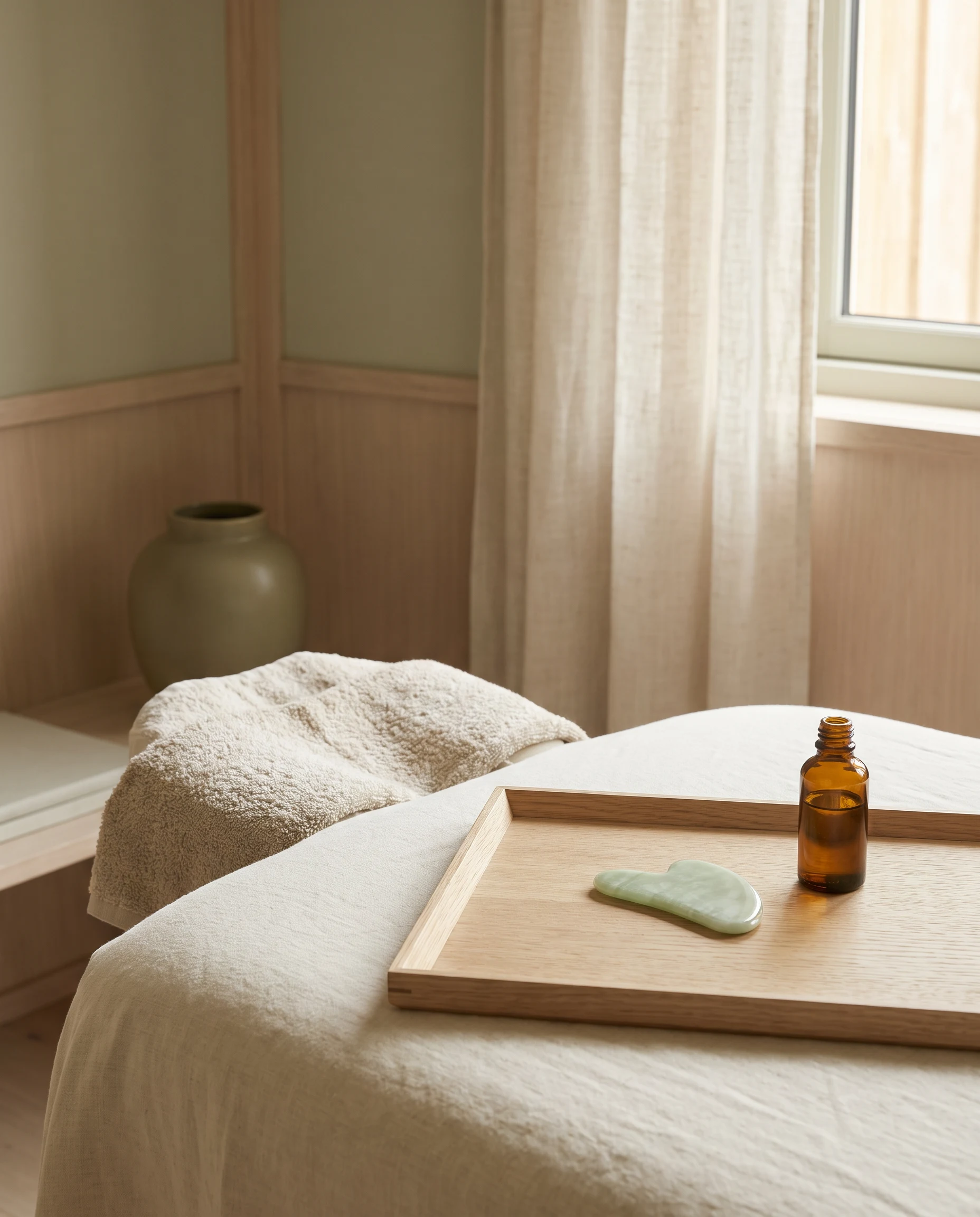 Empty Gua Sha treatment setting with jade tool, folded linen and unlabelled oil