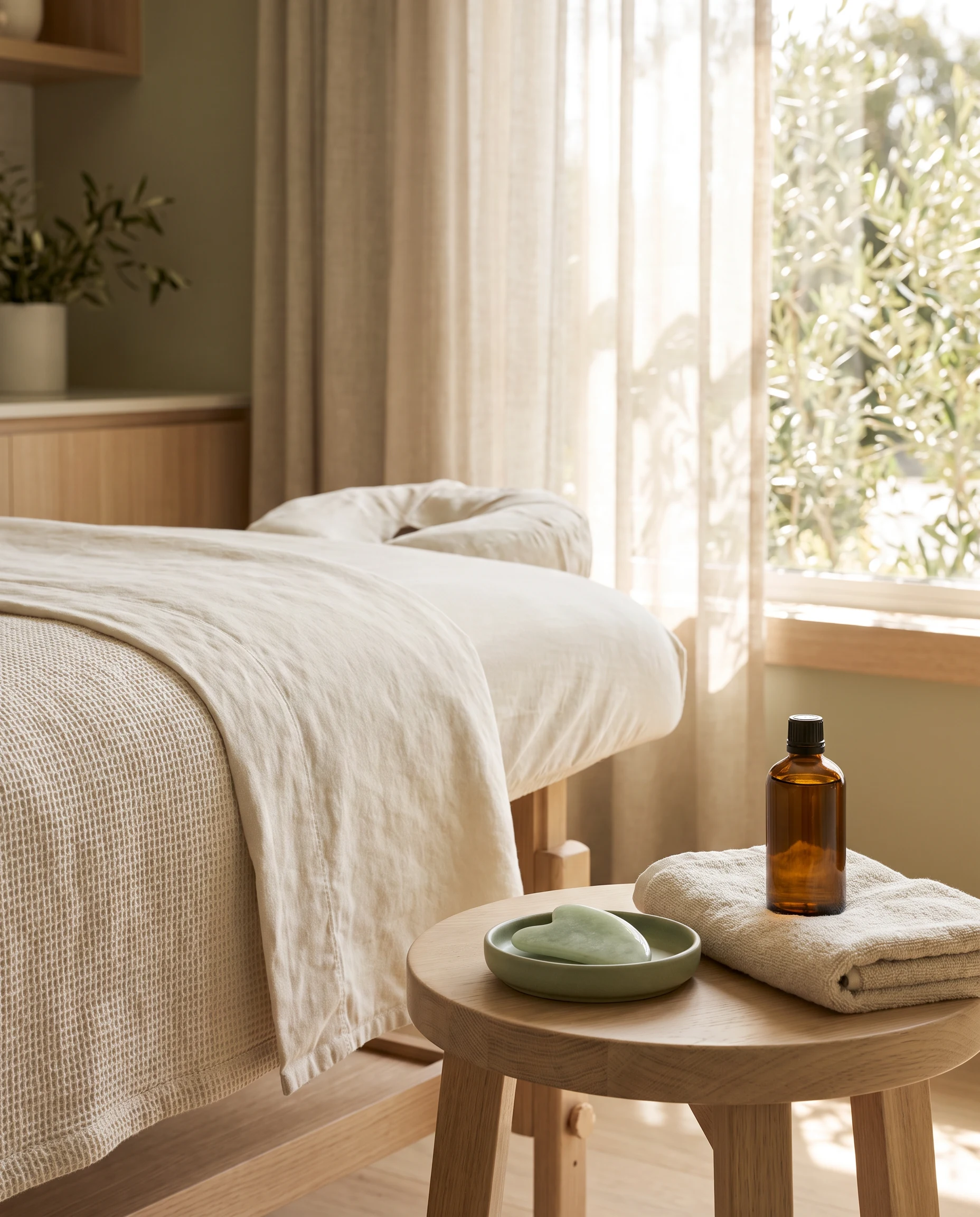 Empty treatment room prepared with jade gua sha tool, cream linen and treatment oil