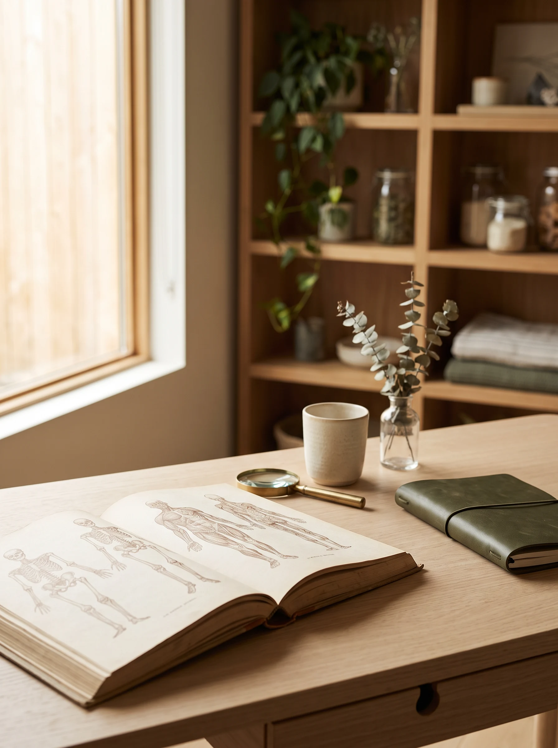 An anatomy reference book with a magnifying lens, notebook and botanical specimen on a clinic desk.