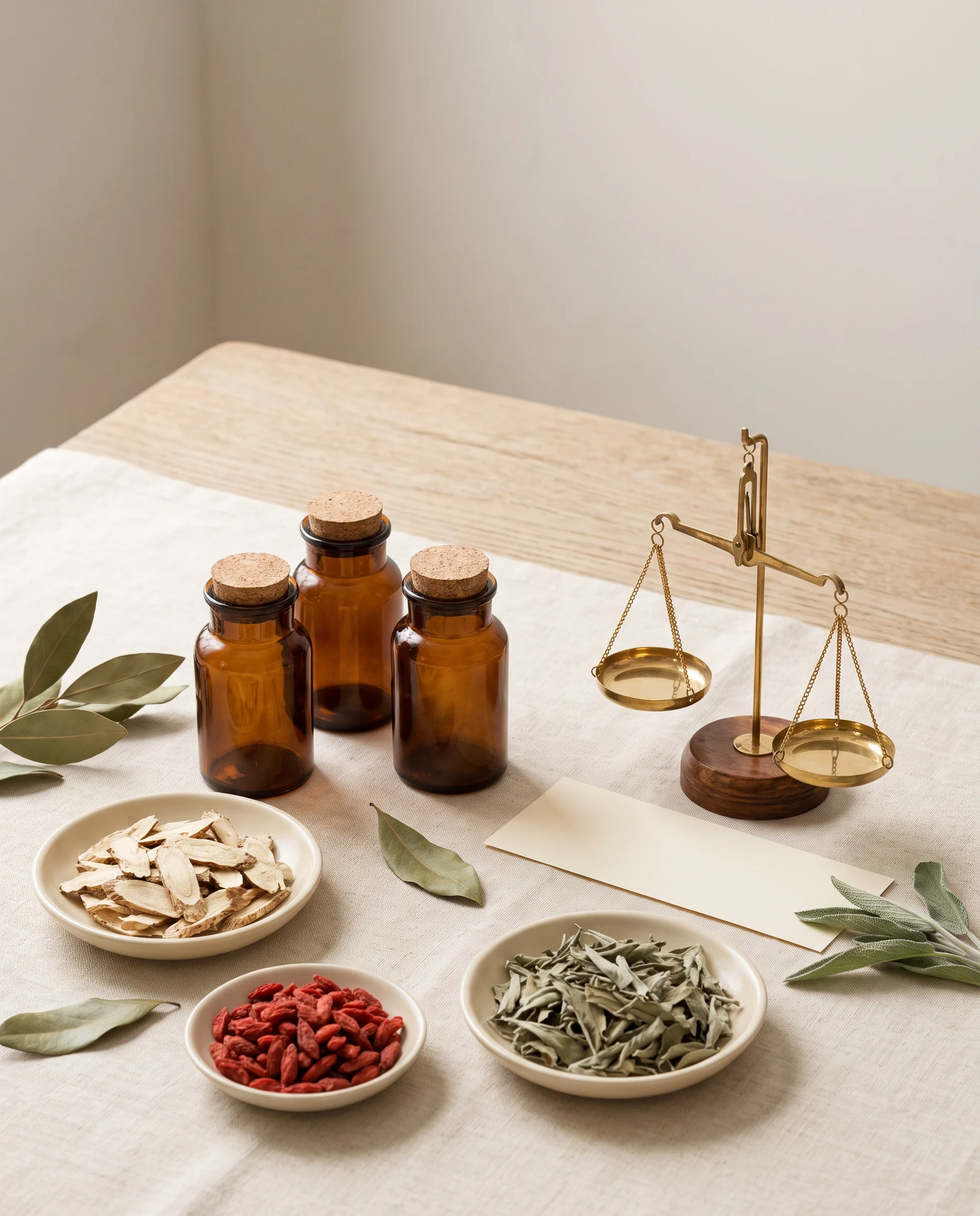 Unlabelled herbal dispensary jars, botanicals and a brass balance scale