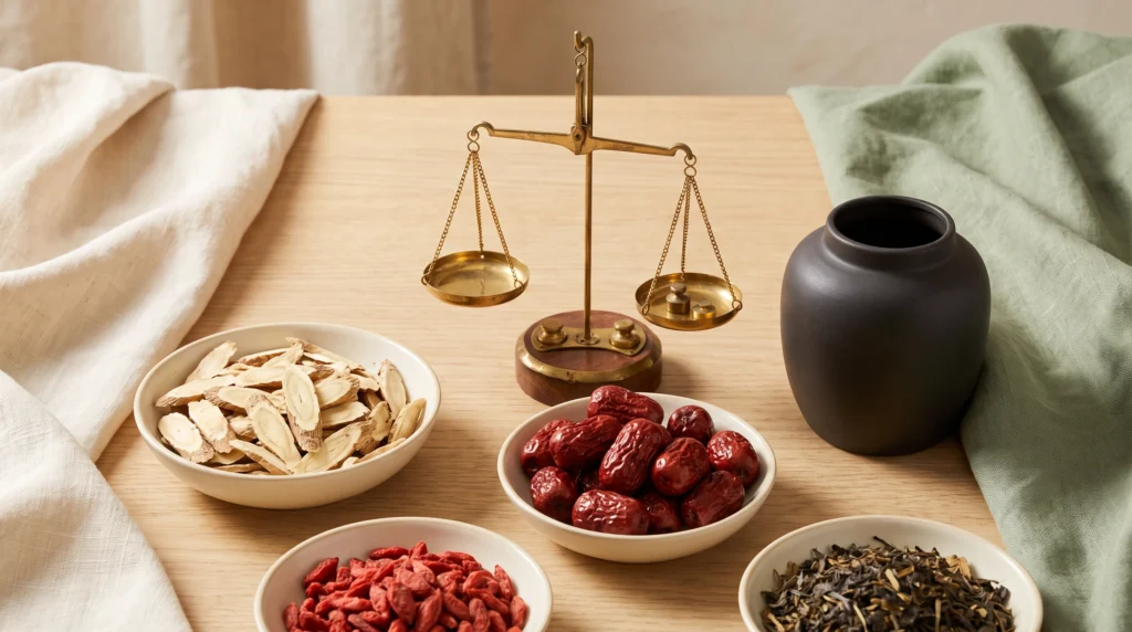 Chinese herbal formula botanicals with a brass balance scale on a pale oak counter