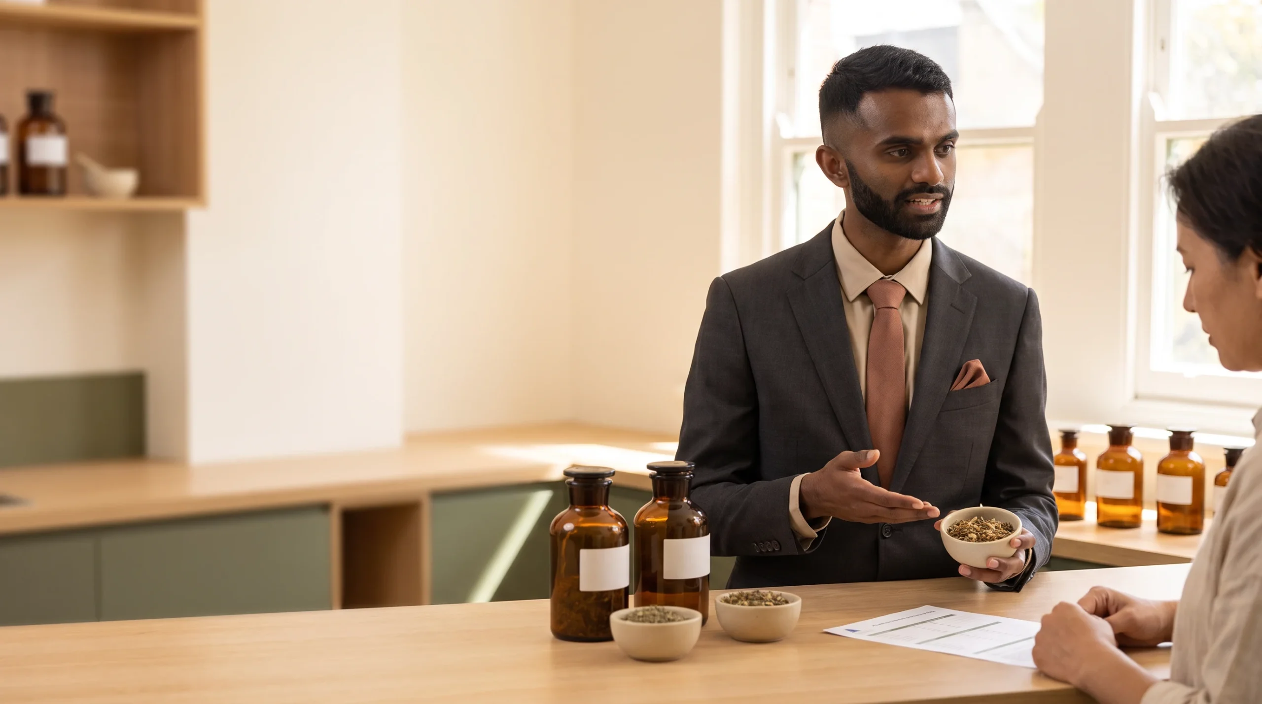 Ahil Ganesan discussing a personalised Chinese herbal formula with a patient in the clinic dispensary.