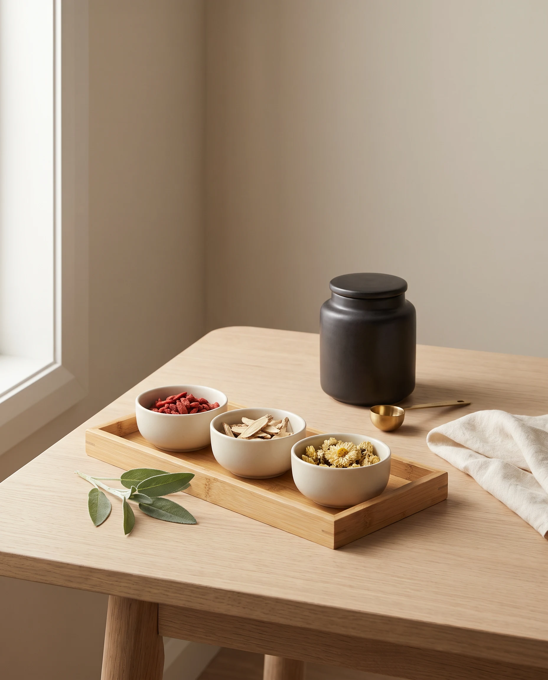 Organised Chinese herbal formula ingredients in porcelain bowls on a timber tray