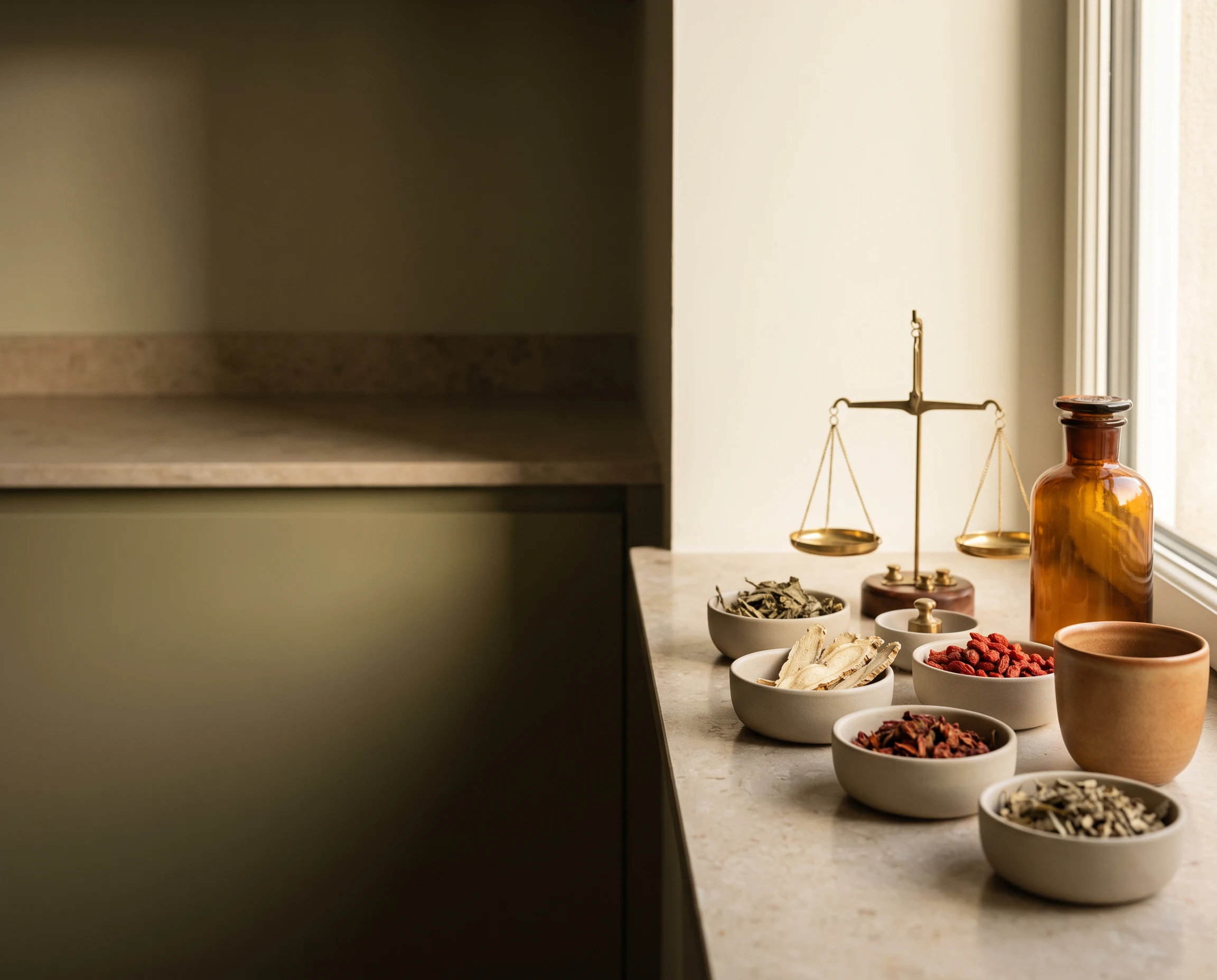 Dried herbal ingredients, an unlabelled amber bottle and a brass balance scale in a modern herbal dispensary.