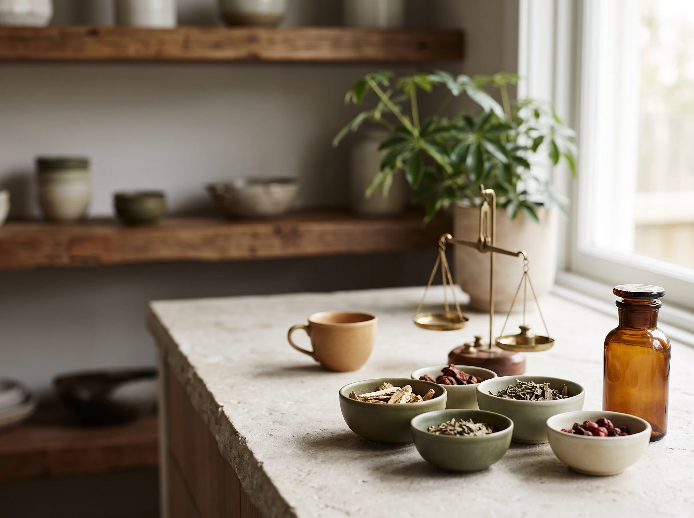 Dried herbal ingredients, a brass balance scale and an amber bottle in a modern herbal dispensary.