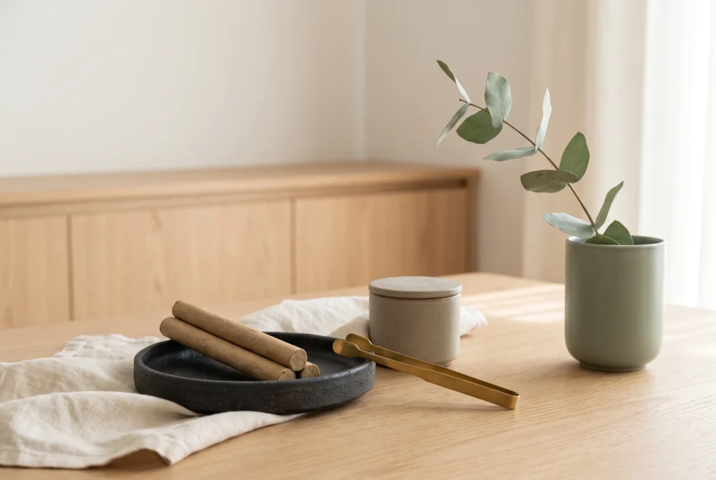 Safely unlit moxa rolls and simple treatment materials arranged on a pale-oak table