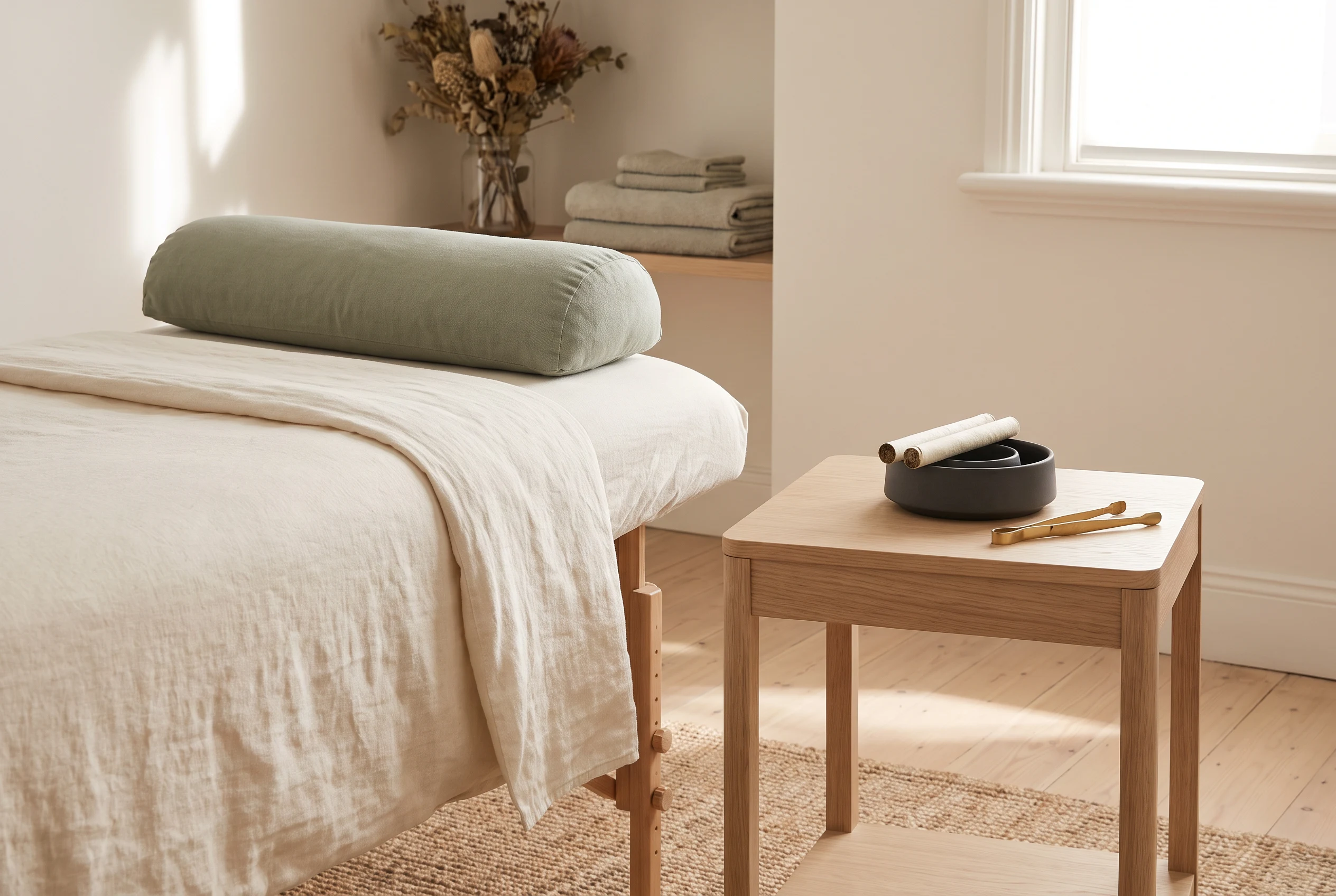 Empty cream-linen treatment bed and safely unlit moxa materials in a warm, calm clinic room