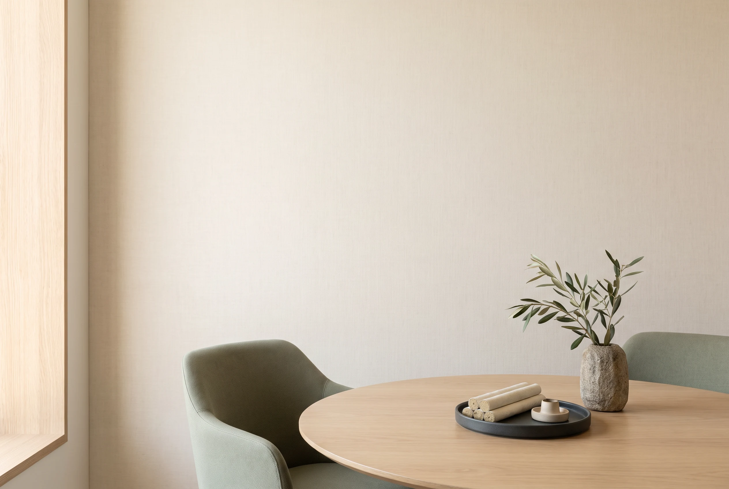 Empty pale-oak consultation table with safely unlit moxa materials in a calm, light-filled clinic