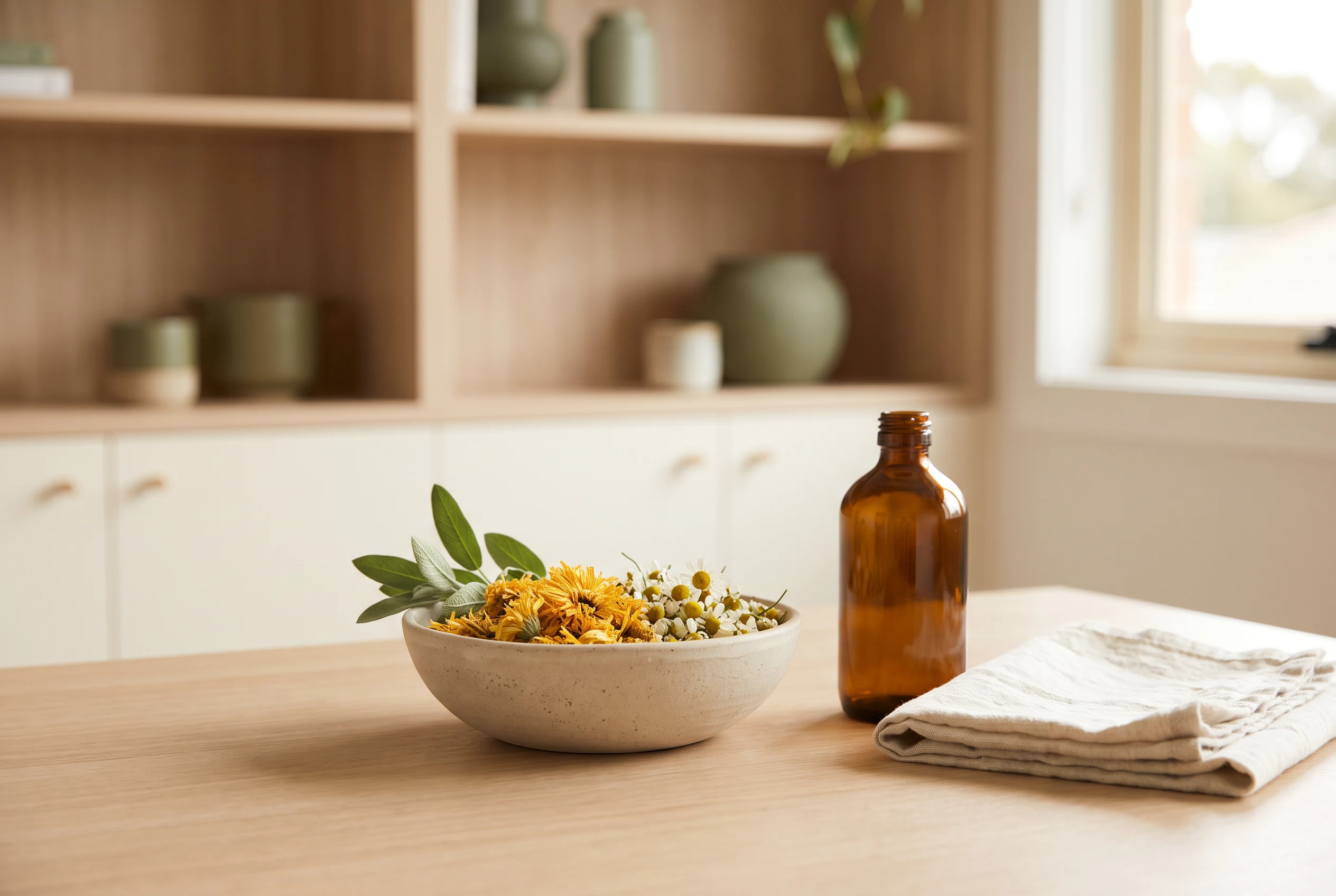 Ceramic bowl of calendula and chamomile with sage, an unlabelled amber bottle and cream linen on pale oak.
