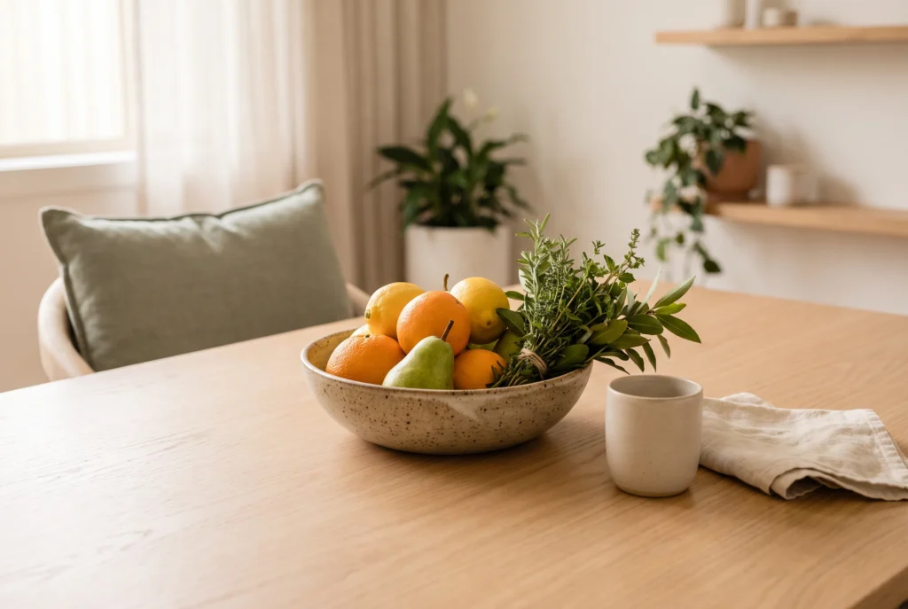 Seasonal citrus, pear and fresh herbs in a stoneware bowl beside a ceramic cup and cream linen.