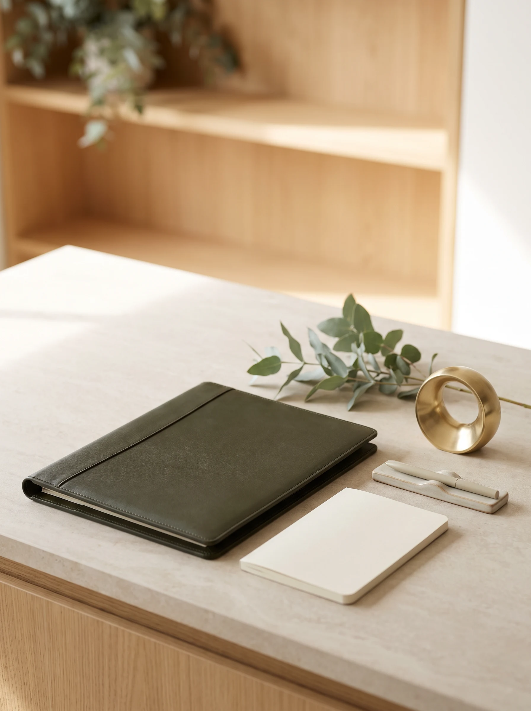 A professional portfolio, blank notebook and brass paperweight arranged on a clinic desk.